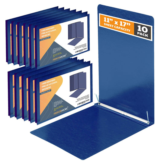 10 Pack Of 11x17 Landscape Pressboard Presentation Binder Folder, Blue Fiberboard Report Cover With Metal Prong Paper Fastener